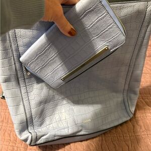 Fossil Pale Blue Croc-Embossed Tote with Matching Wallet